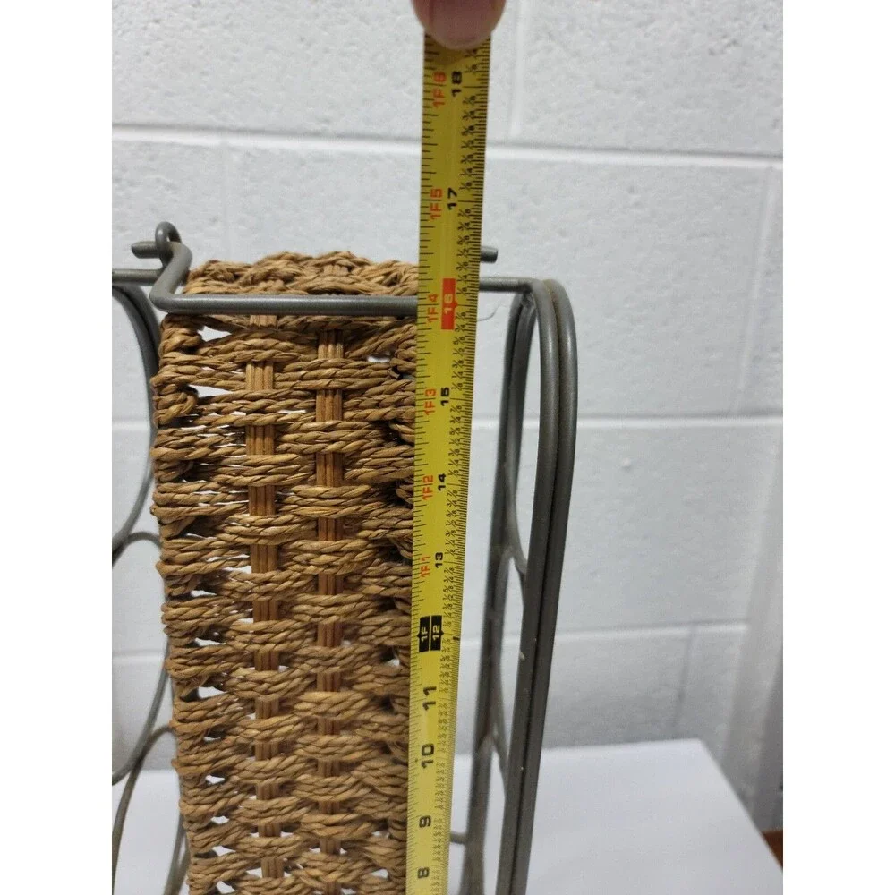 vtg Wrought Iron woven wicker rattan tabletop 3 Wine bottle Rack Holder Caddy